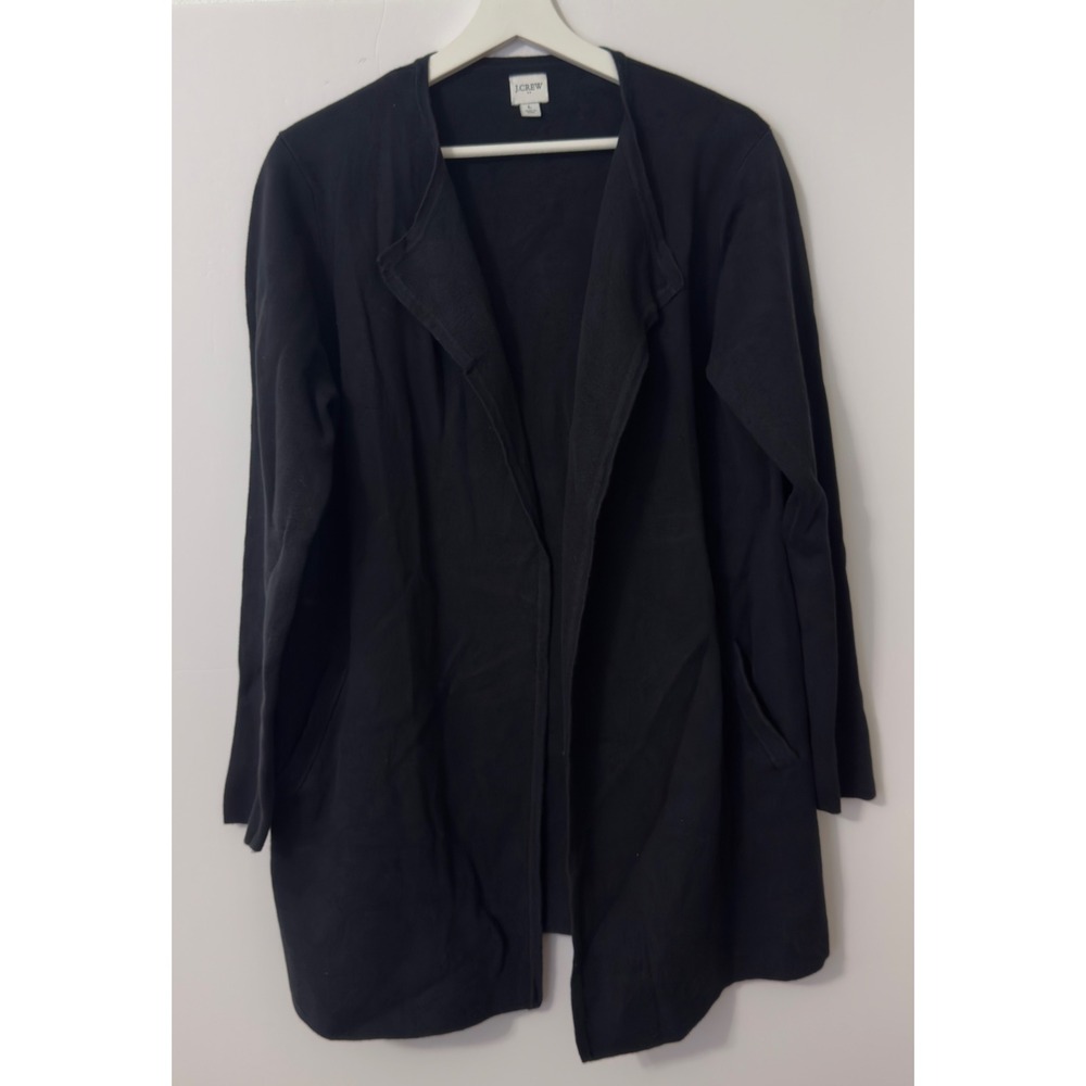 J.Crew Cardigan Sweater Womens L Black Open Front Cotton Longline Minimal‎ Lux